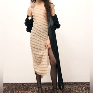 Beige Kimchi blue Rita ruffle one shoulder midi dress in size small